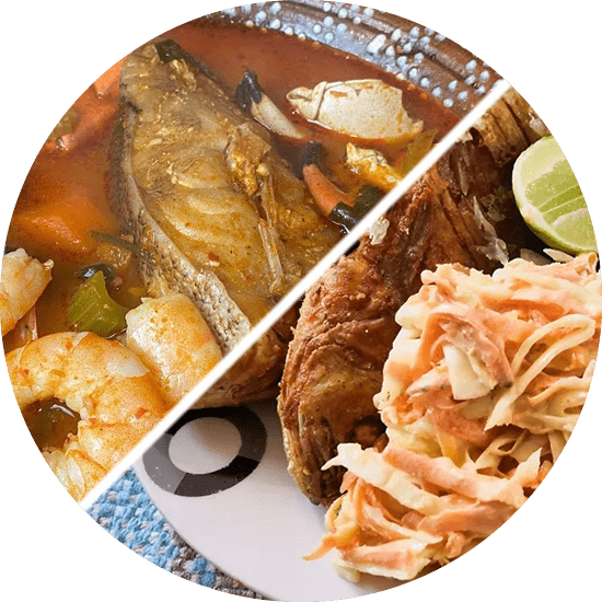 Sopa de Mariscos y Pescado Frito Harocho